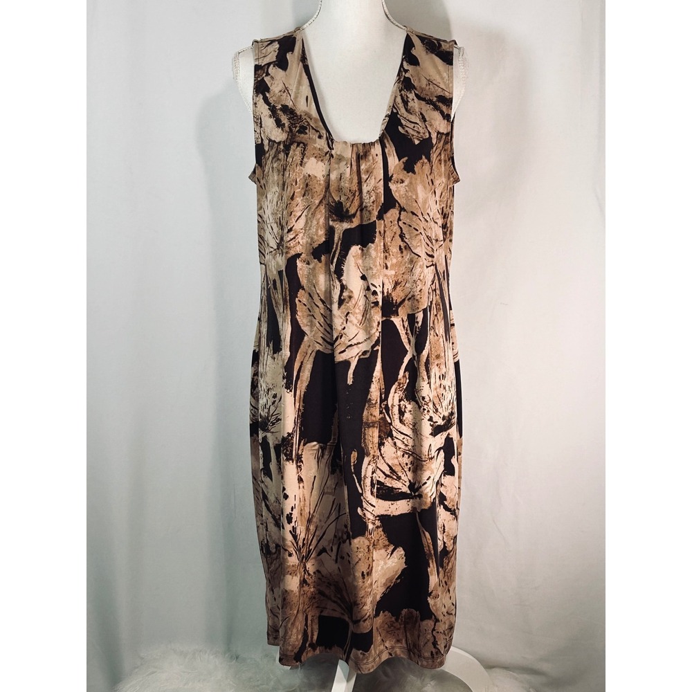 Dana Buchman Womens Large Brown Tan Floral Abstract Sleeveless Sheath Midi Dress